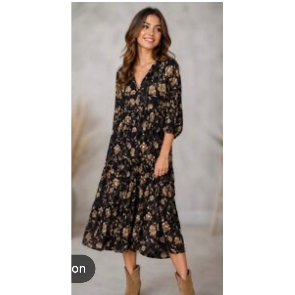 Cynthia Rowley Black Floral Lace Yoke Tiered Midi Dress Womens 12 Boho Tassel